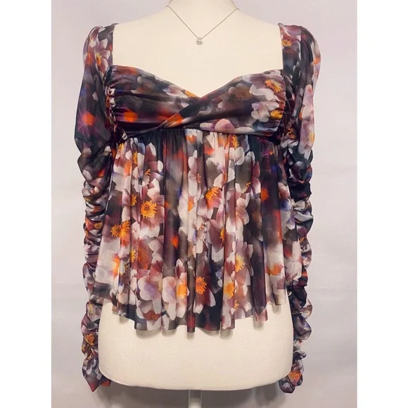 Urban Outfitters Floral Ruffle Ruched Mesh Long Sleeve Babydoll Top, Size S - Picture 6 of 9